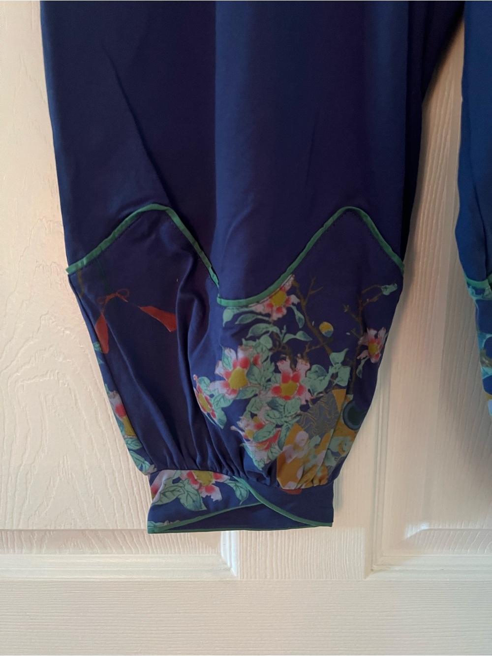 Asian inspired Navy Floral Two-Piece Pajama Set with Green Trim - Picture 6 of 12